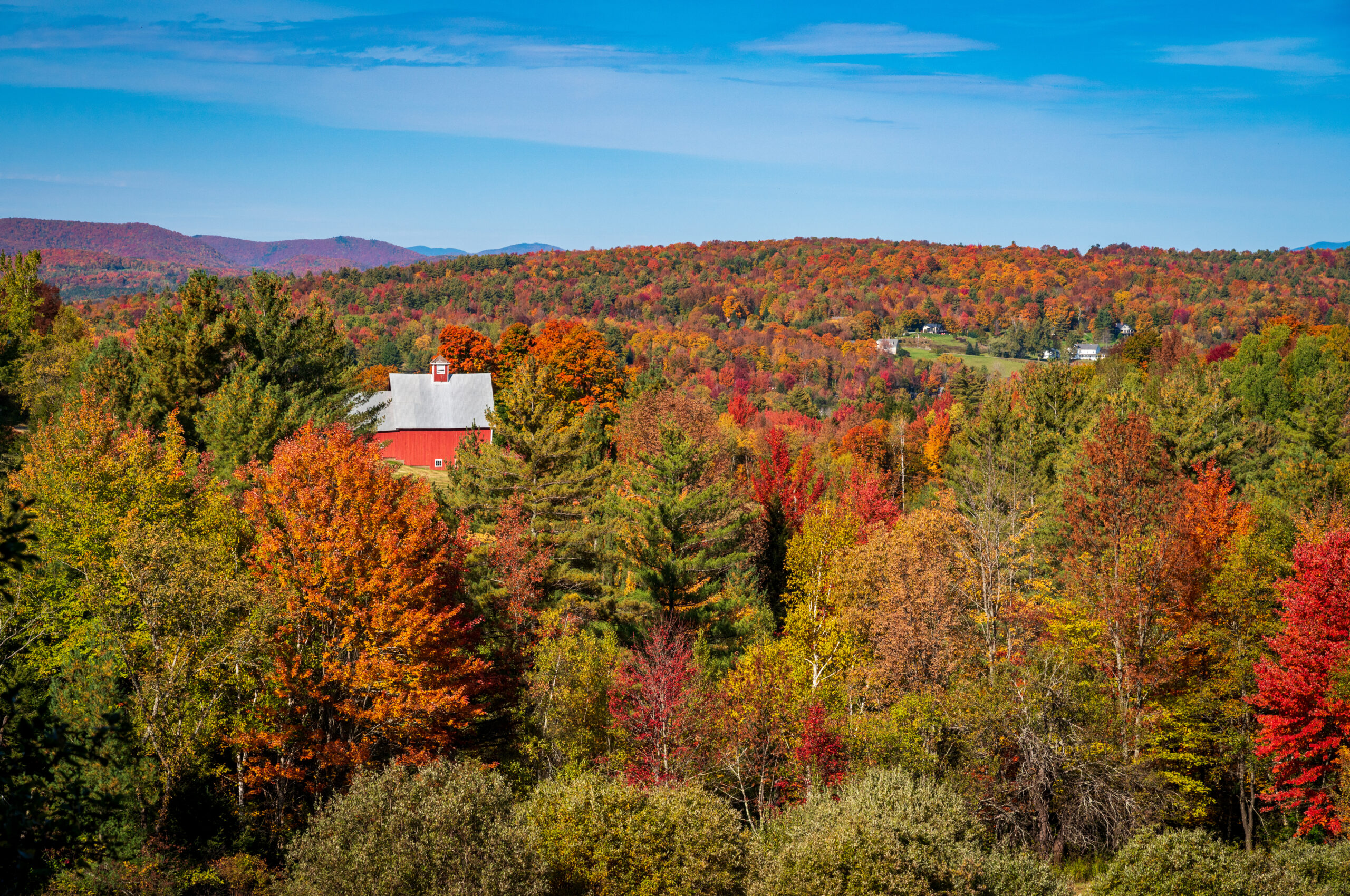 Grandview Farm barn with fall colors in Vermont