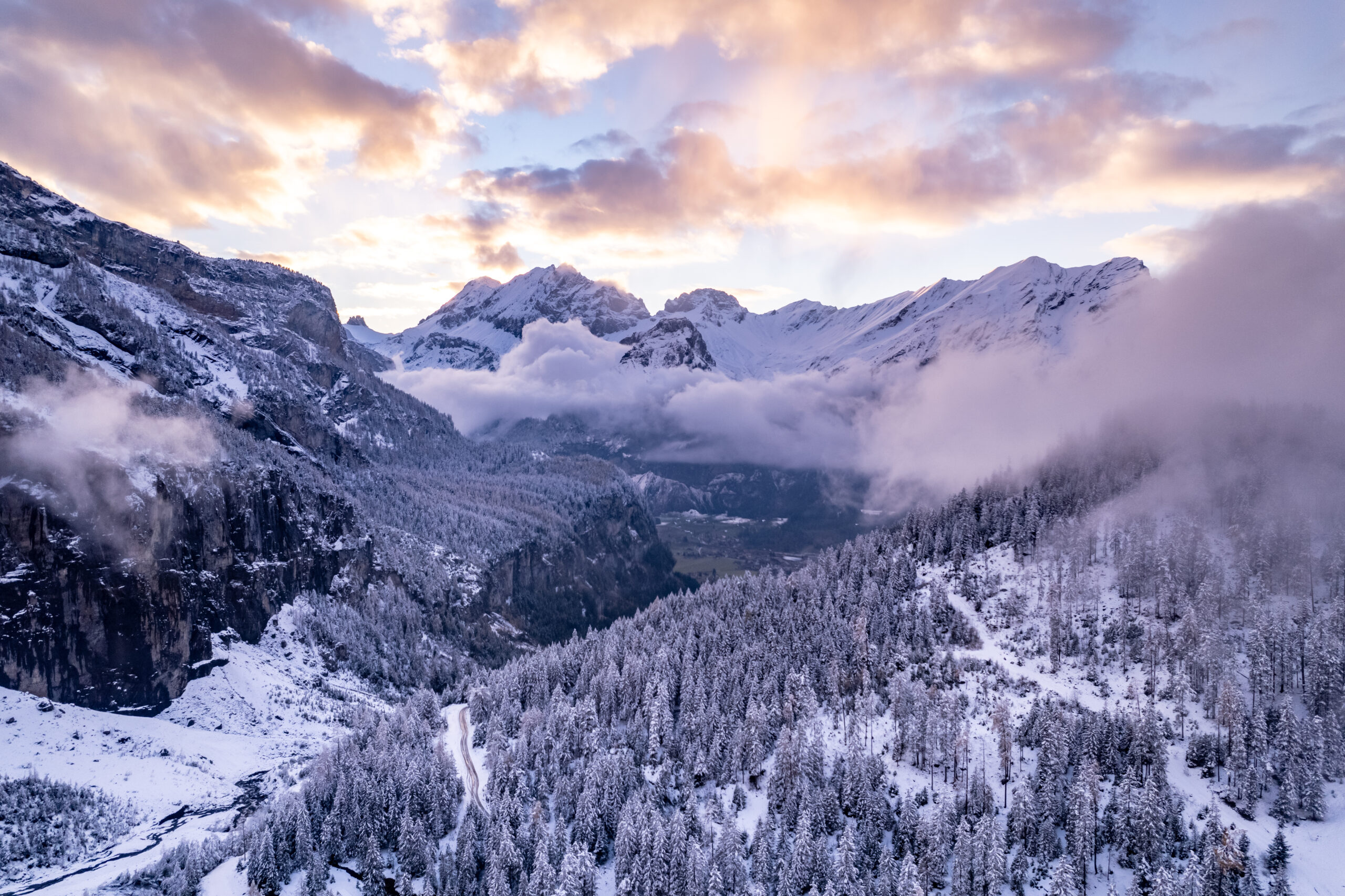 Switzerland Winter Landscape Sunset With Snowy Mountains